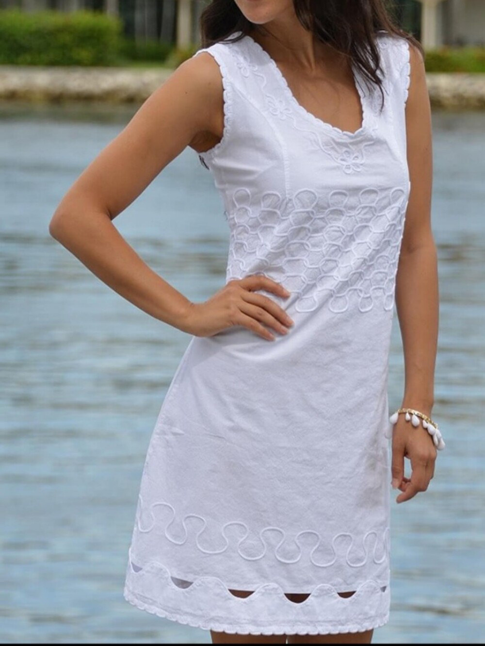 Cotton Natural White Embroidered Sleeveless Gauze Dress XXL